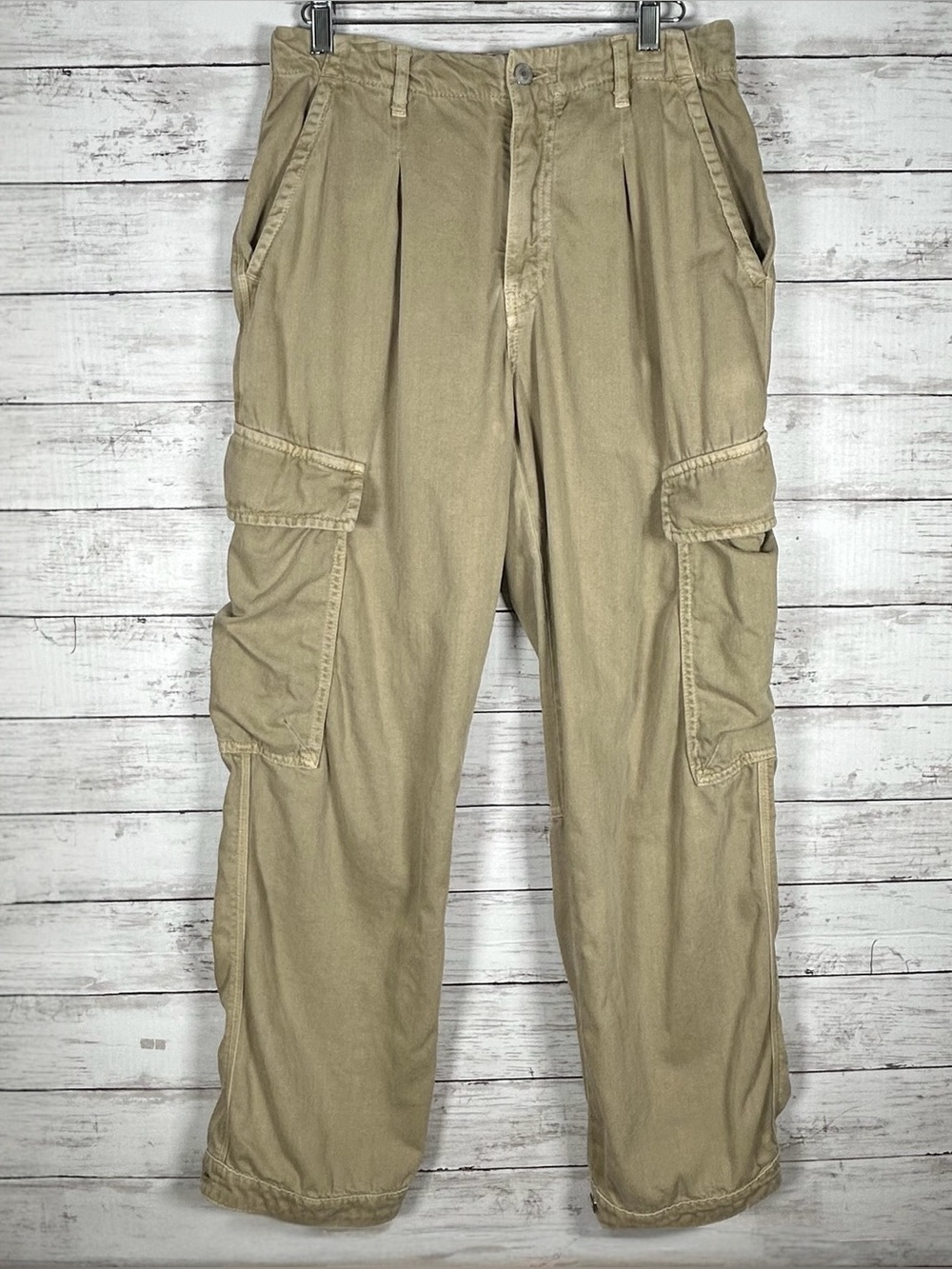 Free People Cargo Utility Pants Khaki  Adjustable Cuffs Pleated Oversized 4